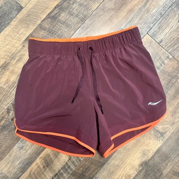 Saucony Women's Athletic Shorts in Maroon and Orange - Picture 1 of 6